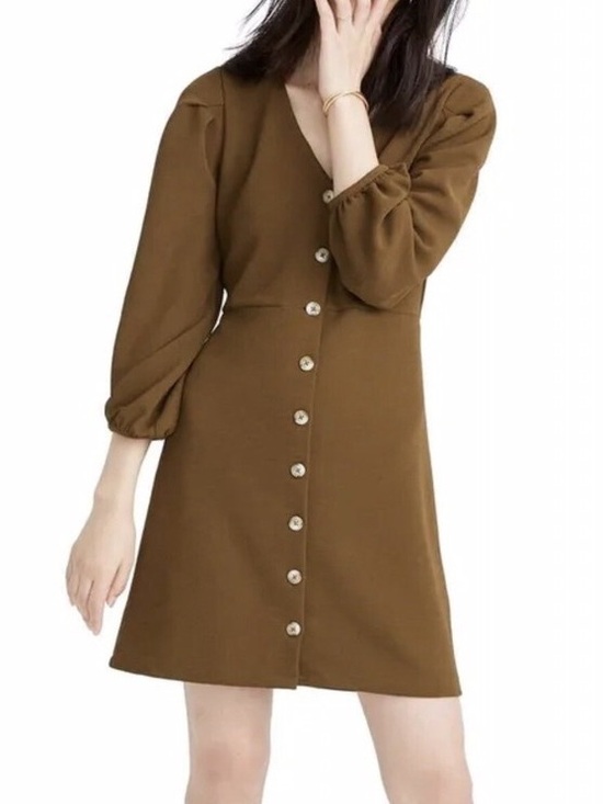 Madewell Dresses & Skirts - Madewell Texture & Thread Crepe Baloon Sleeve V-Neck Button Front Brown Dress